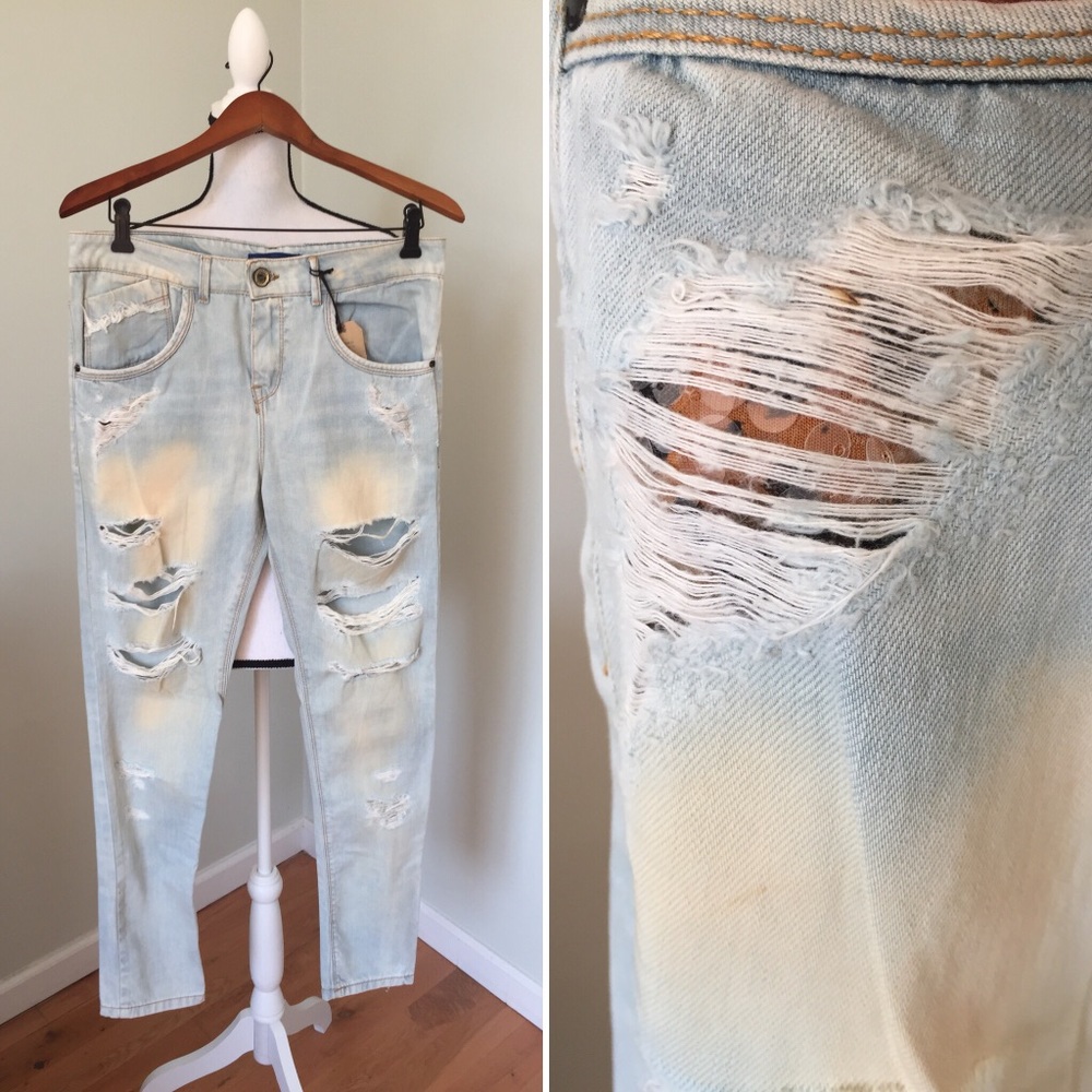 Boutique Destroyed High Rise Straight Leg Jeans